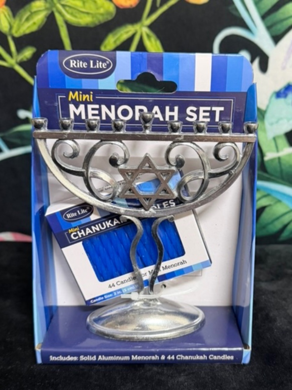 Silver Mini Menorah with Blue Candles